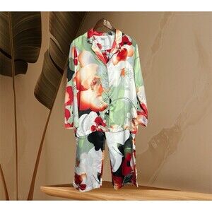 NATORI Satin Pajama Set Womens L Asian Floral Long Sleeve Shirt Long Pants